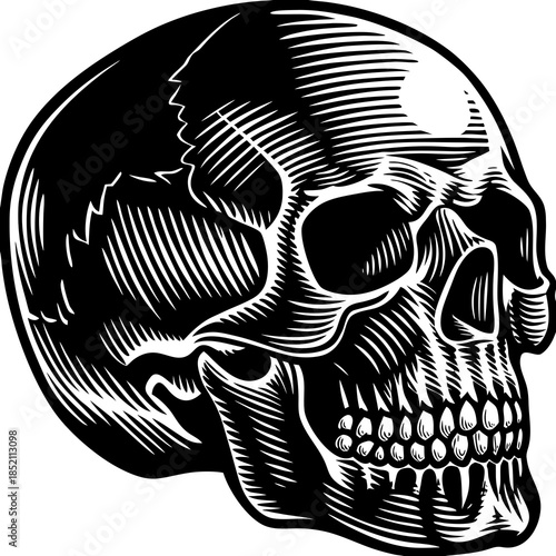 A detailed illustration of a human skull viewed from the side with intricate shading