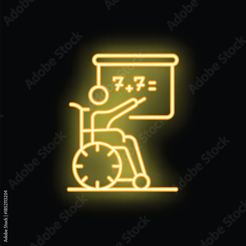 Yellow neon icon of a disabled student in a wheelchair studying math with a teacher