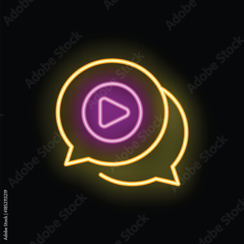 Glowing neon icon of two speech bubbles overlapping with a play button inside, representing video chatting and online communication
