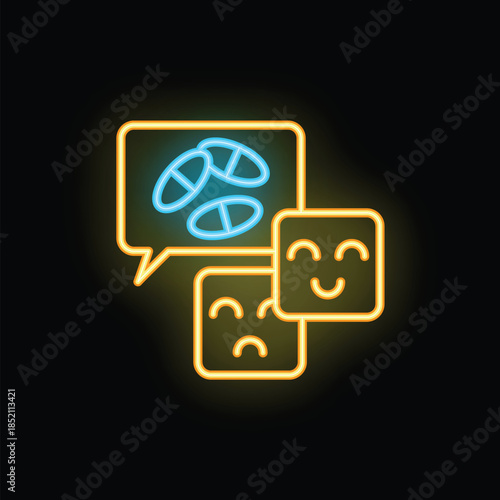 Neon icons representing patients discussing the effects of taking prescription medication, with one patient smiling and one patient frowning