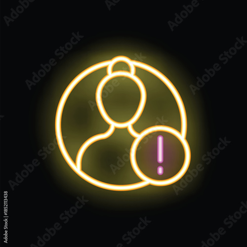Neon glowing user icon with an exclamation mark, representing a warning or alert