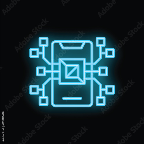 Neon blue icon of a smartphone with a cpu processing unit and connections, symbolizing mobile processing power