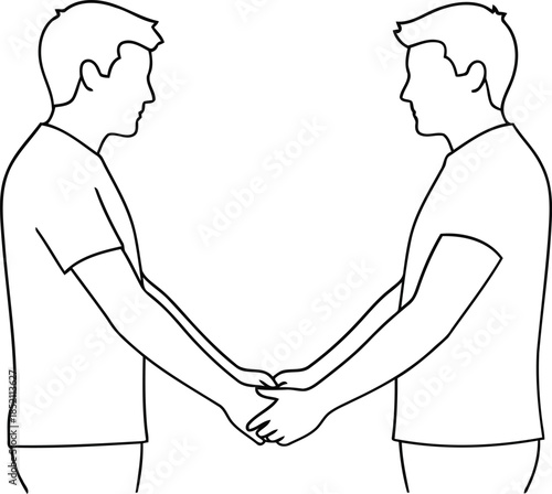 A clear line illustration of two individuals shaking hands, symbolizing a moment of greeting, trust, and forming a significant professional or personal connection
