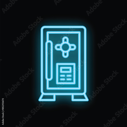 Blue neon safe deposit box glowing in the dark, representing security and finance