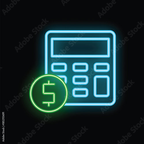 Glowing neon calculator icon with dollar sign representing financial calculation and accounting
