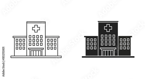 Simple line art depiction of two hospital buildings showcasing a minimalist design silhouette