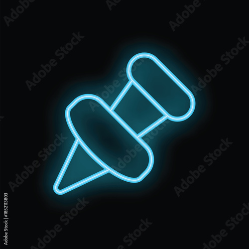Blue neon sign shaped like a push pin glowing on a black background