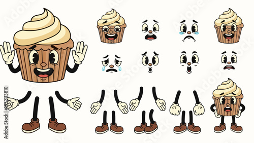 Cartoon Cupcake Characters with Various Expressions and Poses