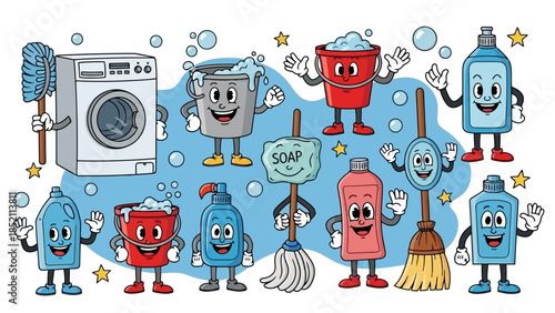 Cheerful cartoon cleaning supplies characters in vibrant vector illustration