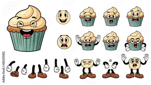 Cartoon Cupcake Characters with Various Expressions and Gestures