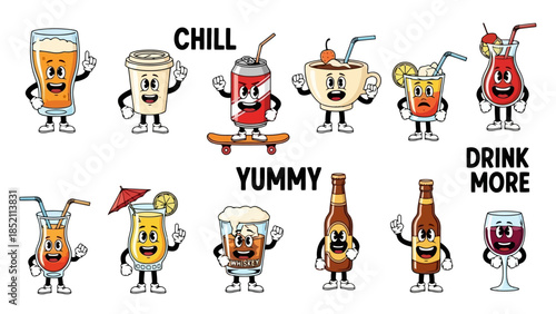 Cartoon Drink Characters Vector Illustration Set