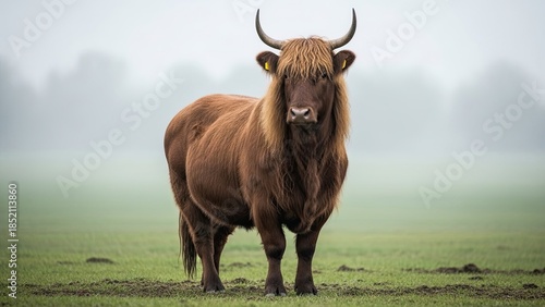 Majestic brown Highland cow standing in a misty green field with horns
