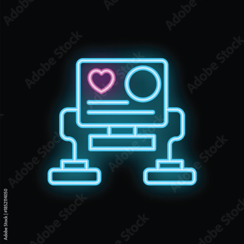 Neon icon of a computer system processing love data, with a heart symbol displayed prominently