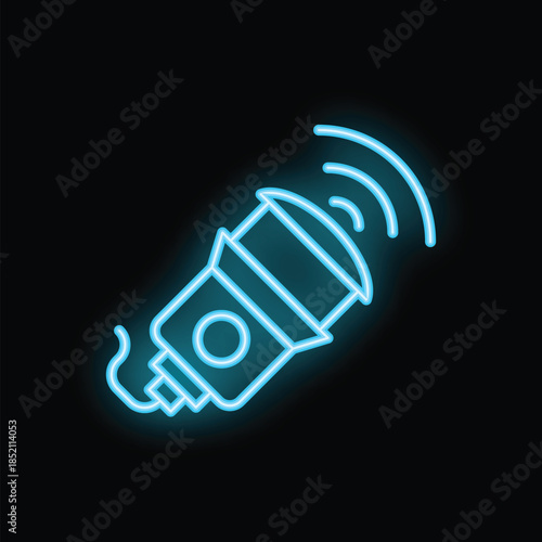 Blue neon icon of a cctv camera transmitting a signal on a black background