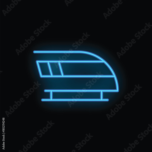 Blue neon sign depicting a modern high speed train, symbolizing urban commuting and efficient transportation