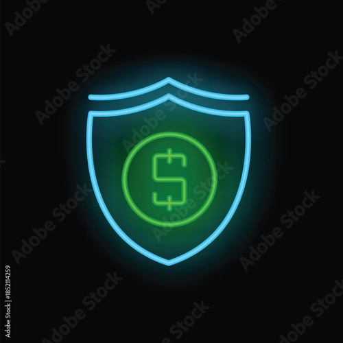 Neon shield is protecting a bright green dollar sign on a black background