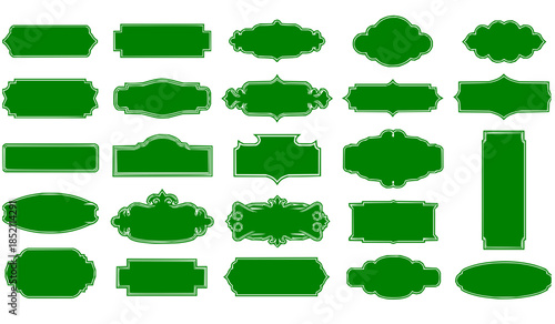 A diverse collection of green blank decorative frames and labels in various shapes and styles, isolated on white.