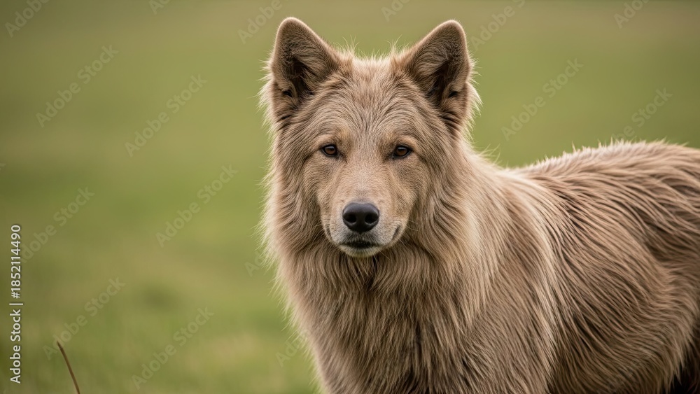 Fototapeta premium Majestic brown wolf standing in green field looking directly at camera