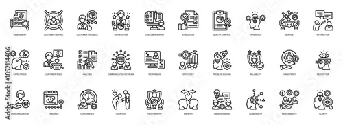 Customer assessment icon collection line style. containing assessment, customer centric, feedback, satisfaction, customer, survey, evaluation, quality control