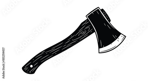 Detailed illustration of a vintage hand axe with a wooden handle black silhouette