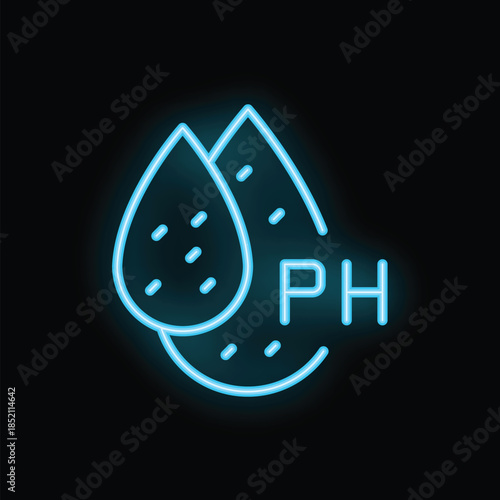 Blue neon icon of two water drops representing ph level on a black background