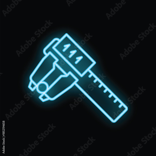 Glowing blue neon caliper on a black background, perfect for any project needing a bright, colorful illustration of this important measuring tool.