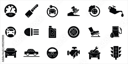 collection car icons. car, vehicle, engine, brake, oil, wheel, accelerate, gauge and more. simple solid vector illustration