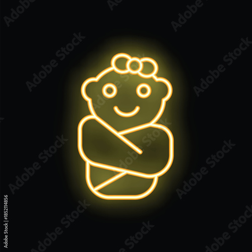Glowing yellow neon icon of a newborn baby girl wrapped in a blanket and smiling
