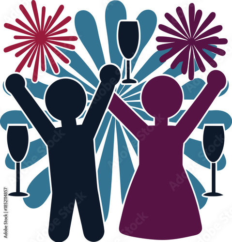 Silhouettes of people cheering with wine glasses and colorful fireworks raising arms vector illustration EPS file download.
