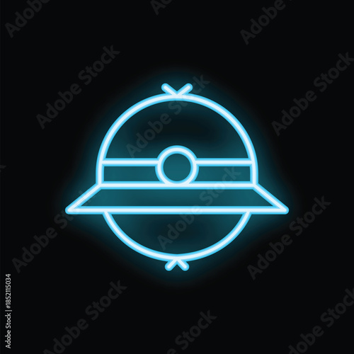 Glowing blue neon icon of a pith helmet, frequently worn in tropical climates, suggesting exploration and adventure