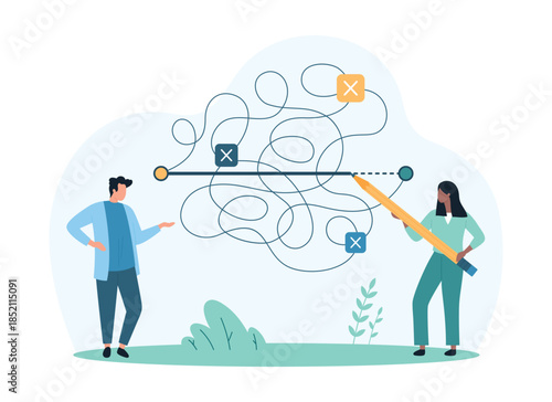 Easy and shortcut way to solve business problem. Tiny people draw straight line between two points with pencil, choose simplicity, simplify difficult complex route cartoon vector illustration
