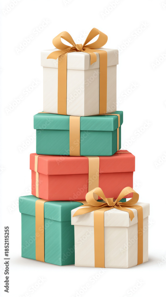 Fototapeta premium Stacked gift boxes with gold ribbons in festive colors