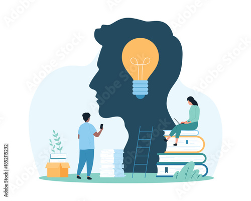 Skills training and creative thinking development through knowledge and education. Tiny people study with books and boost brain growth, light bulb inside human head cartoon vector illustration