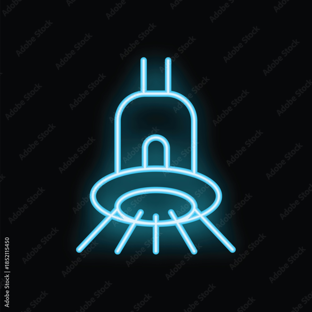 Fototapeta premium Bright neon blue icon of a ceiling lamp shining light into a dark room