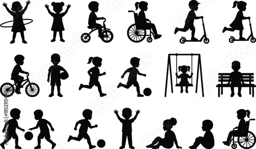 Children activity silhouette set flat vector illustration kids playing sports cycling running scooter swing inclusive childhood lifestyle fun design