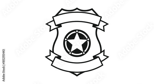 Detailed badge design featuring a star within a circular frame black and white silhouette