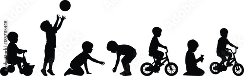 Children play development silhouette set flat vector illustration kids learning crawling running cycling ball childhood growth activity concept