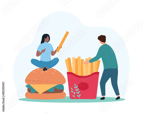 Fast food restaurant order and delivery of snacks. Tiny happy people take potato chips out of huge box, enjoy fries and burger at junk food and American cuisine party cartoon vector illustration