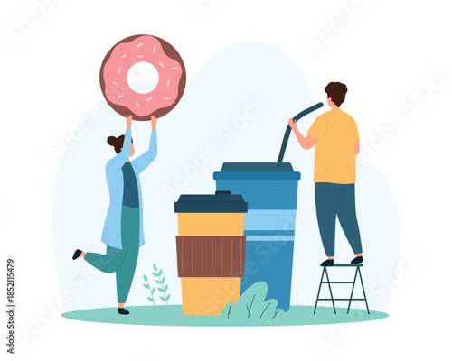 Fast food restaurant order and delivery. Tiny people holding giant donut and straw for drinking soda water from takeaway plastic cup, characters enjoy dessert and drink cartoon vector illustration