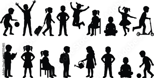 Children silhouette activity set flat vector illustration kids playing learning jumping sports scooter travel school lifestyle fun concept