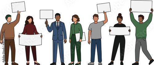 Diverse people holding blank protest signs peaceful demonstration illustration social activism human rights unity freedom flat vector design modern isolated
