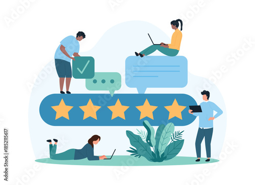 Customer review, comment and five stars feedback of clients experience, satisfaction survey. Tiny people give opinion about choice and rate product quality online cartoon vector illustration