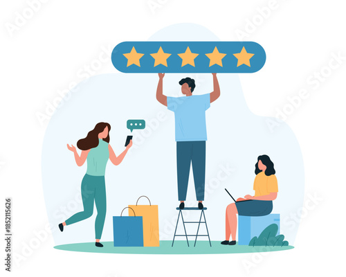 Customers review for purchases in store, shoppers experience in survey service. Tiny people holding 5 stars sign, clients with shopping bags buy gifts on shop sales cartoon vector illustration