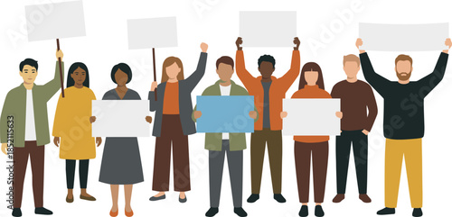 Diverse people holding protest banners together peaceful demonstration crowd illustration social movement activism unity freedom flat vector design