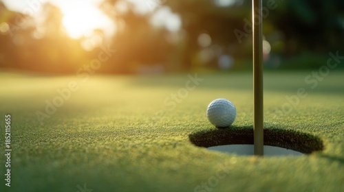 A golf ball rests near the hole edge at sunset or sunrise on a lush green course with well maintained fairways and sceni