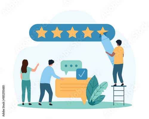 Customer review, satisfaction survey, feedback about positive experience of client. Tiny people draw five stars with marker, give good comments and likes in social media cartoon vector illustration
