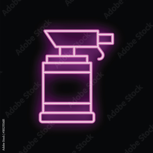 Neon sign icon of a manual blow torch glowing pink on a black background