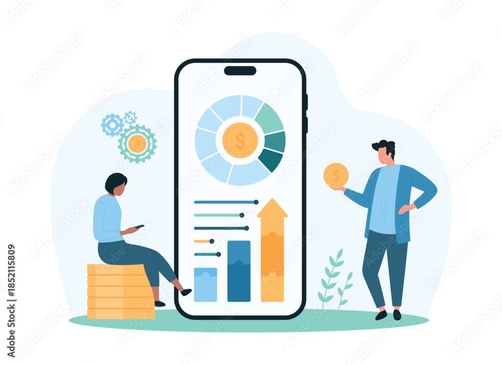 Fototapeta premium Financial data dashboard analysis and business optimization with mobile app. Tiny people research infographic information in chart reports growth, analytics on phone screen cartoon vector illustration