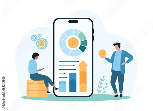 Financial data dashboard analysis and business optimization with mobile app. Tiny people research infographic information in chart reports growth, analytics on phone screen cartoon vector illustration