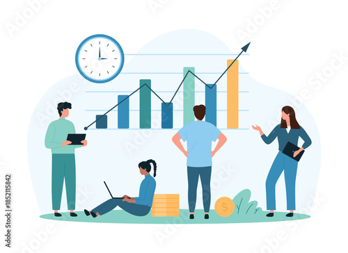 Financial research of stock market graph and profit growth, analysis of success sales and income. Tiny people work with digital report, chart arrow for money investment cartoon vector illustration